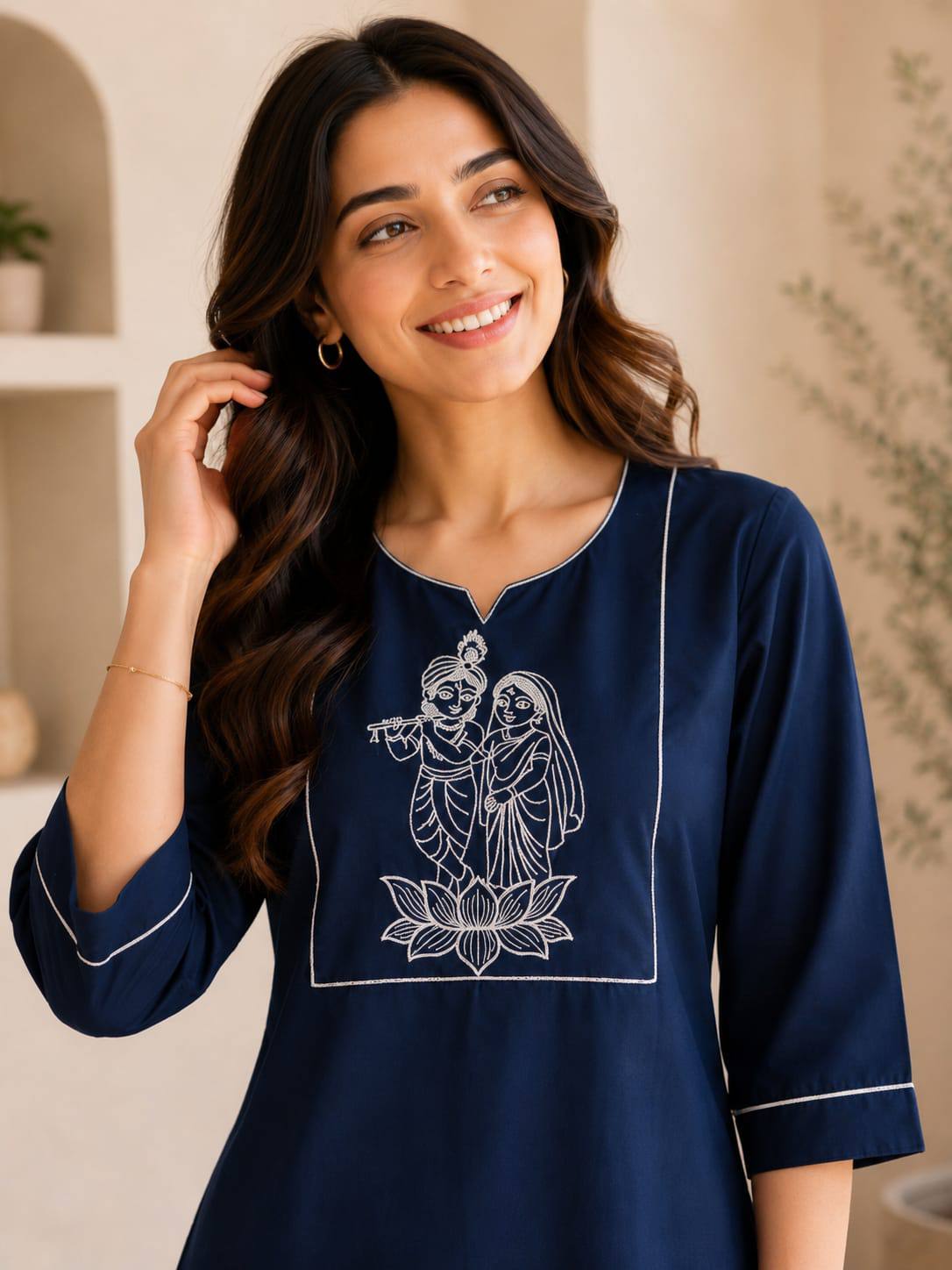 Apolyte Women's Navy Blue Premium Slub Cotton Kurta Palazzo Set | Daily, Office & Casual Wear