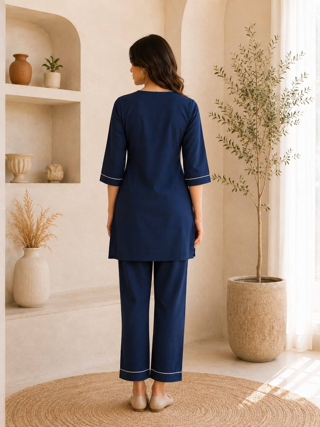 Apolyte Women's Navy Blue Premium Slub Cotton Kurta Palazzo Set | Daily, Office & Casual Wear