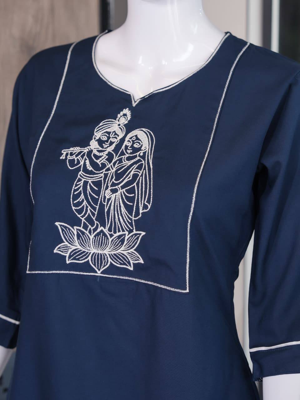 Apolyte Women's Navy Blue Premium Slub Cotton Kurta Palazzo Set | Daily, Office & Casual Wear