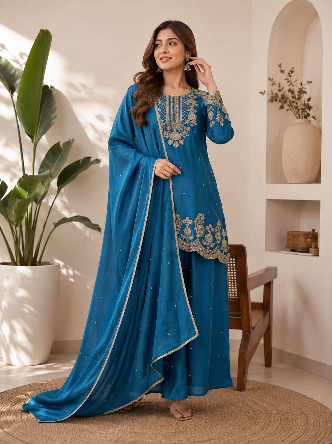 Apolyte Women's Chinon Embroidered Kurta Palazzo Set with Chinon Dupatta | Festive & Party Wear