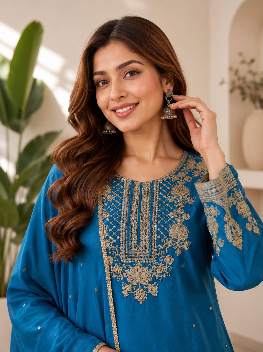 Apolyte Women's Chinon Embroidered Kurta Palazzo Set with Chinon Dupatta | Festive & Party Wear