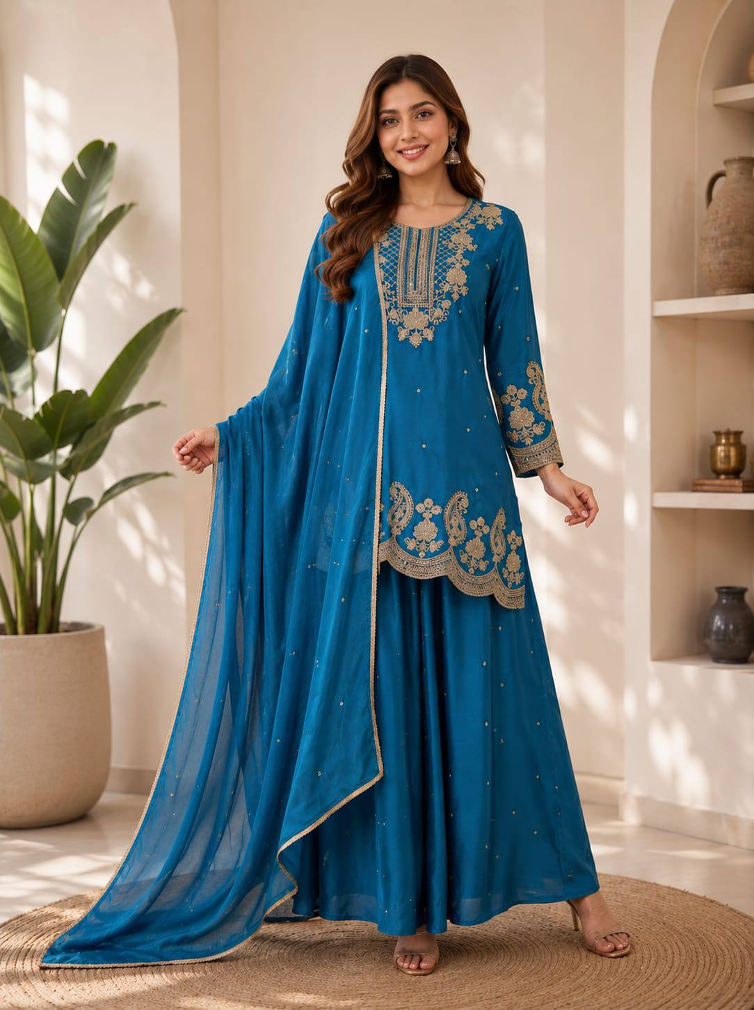 Apolyte Women's Chinon Embroidered Kurta Palazzo Set with Chinon Dupatta | Festive & Party Wear