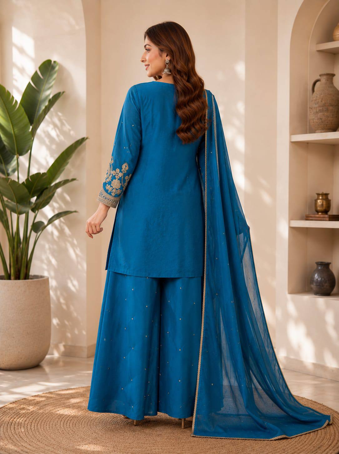 Apolyte Women's Chinon Embroidered Kurta Palazzo Set with Chinon Dupatta | Festive & Party Wear