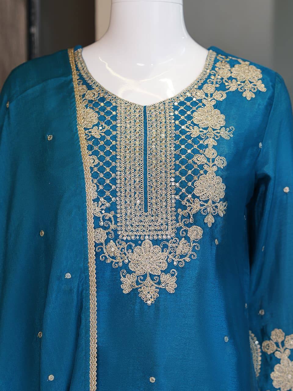 Apolyte Women's Chinon Embroidered Kurta Palazzo Set with Chinon Dupatta | Festive & Party Wear