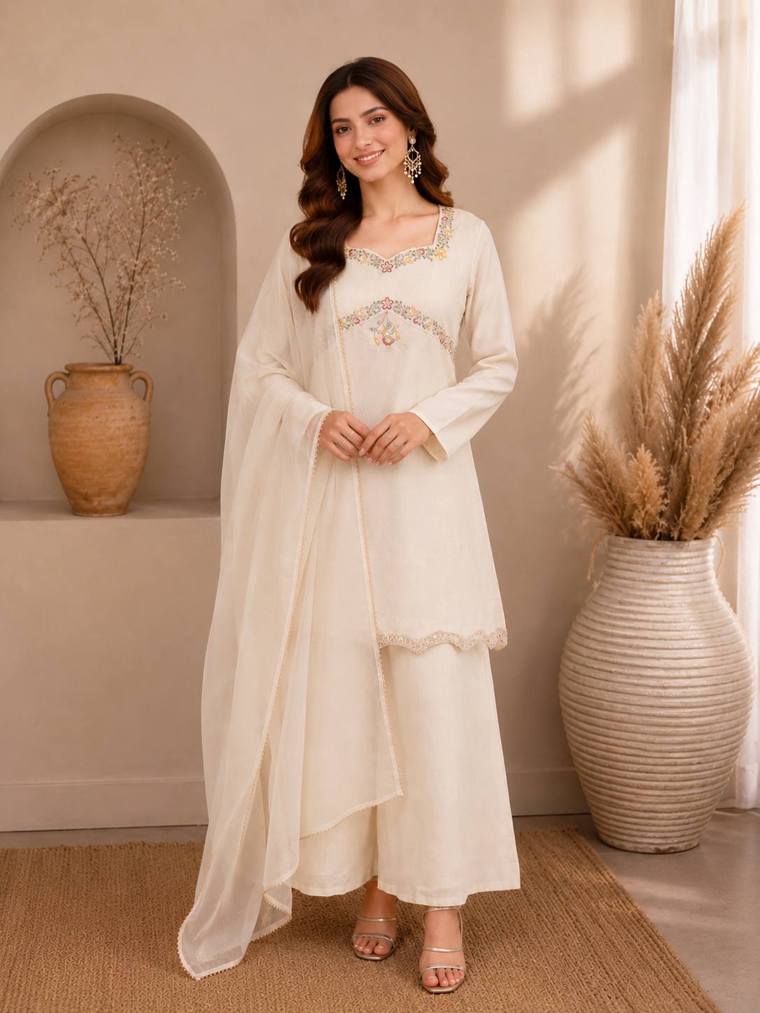 Apolyte Women's Zazu Silk Embroidered Indo-Western Kurta Palazzo Set with Organza Dupatta | Festive & Party Wear