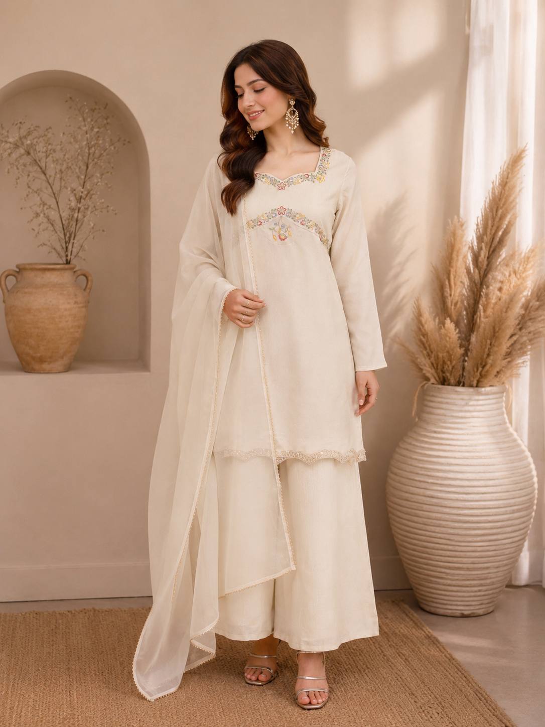 Apolyte Women's Zazu Silk Embroidered Indo-Western Kurta Palazzo Set with Organza Dupatta | Festive & Party Wear