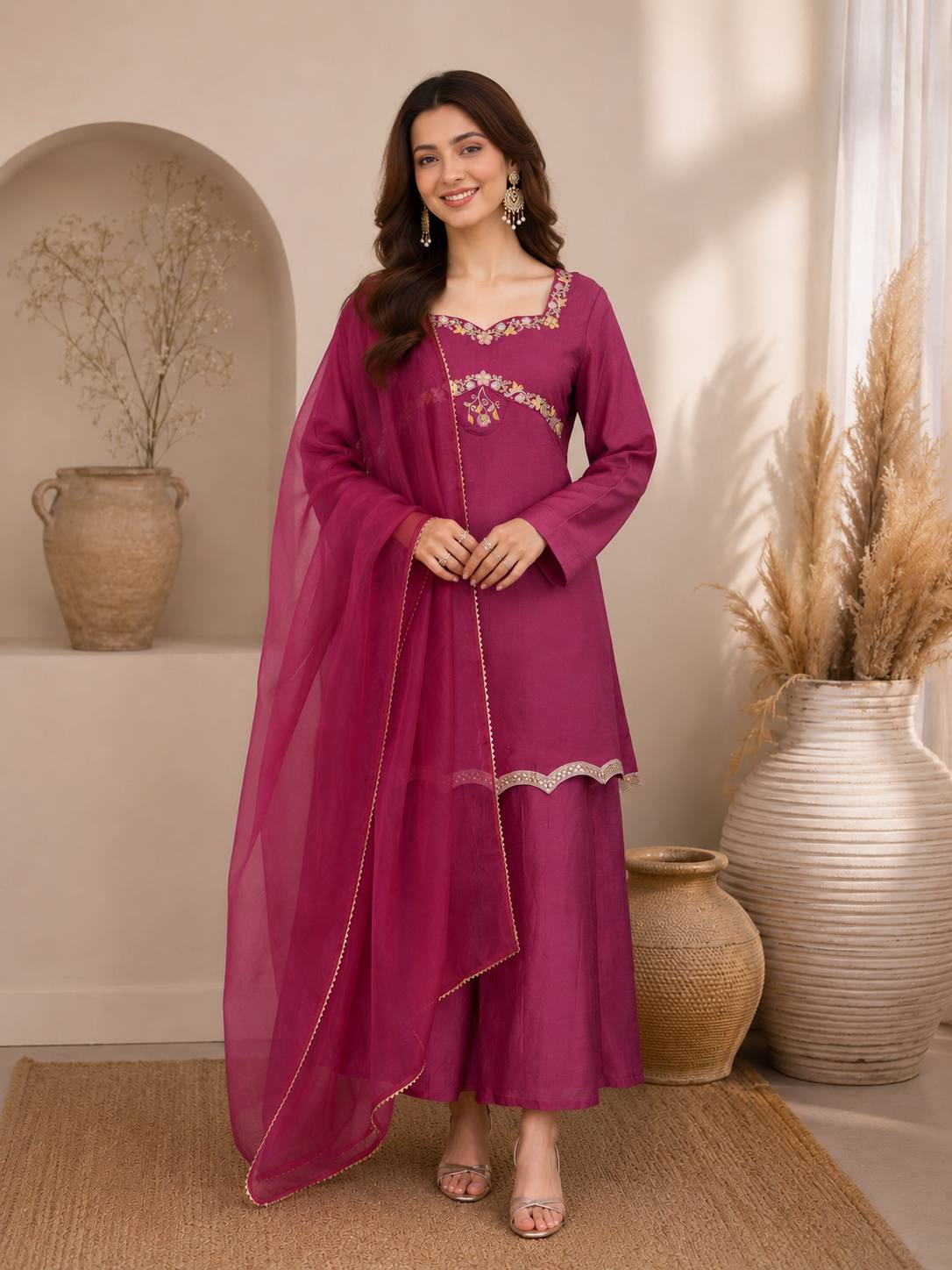 Apolyte Women's Zazu Silk Embroidered Indo-Western Kurta Palazzo Set with Organza Dupatta | Festive & Party Wear