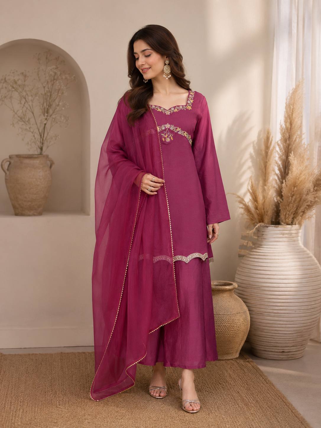 Apolyte Women's Zazu Silk Embroidered Indo-Western Kurta Palazzo Set with Organza Dupatta | Festive & Party Wear