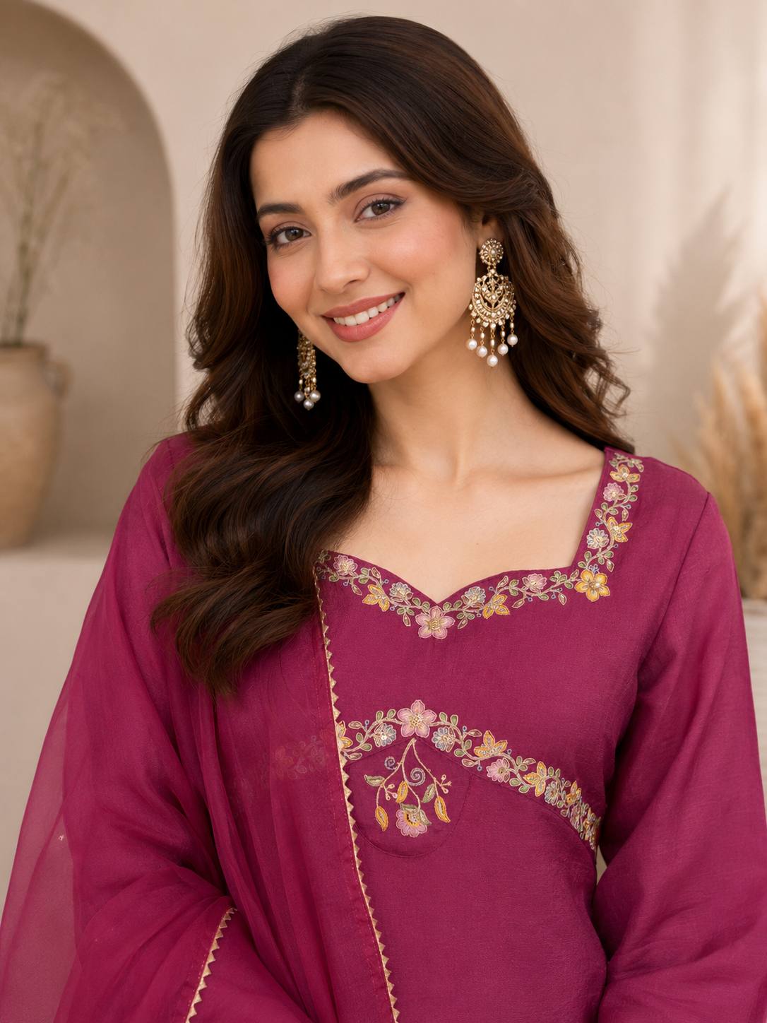 Apolyte Women's Zazu Silk Embroidered Indo-Western Kurta Palazzo Set with Organza Dupatta | Festive & Party Wear