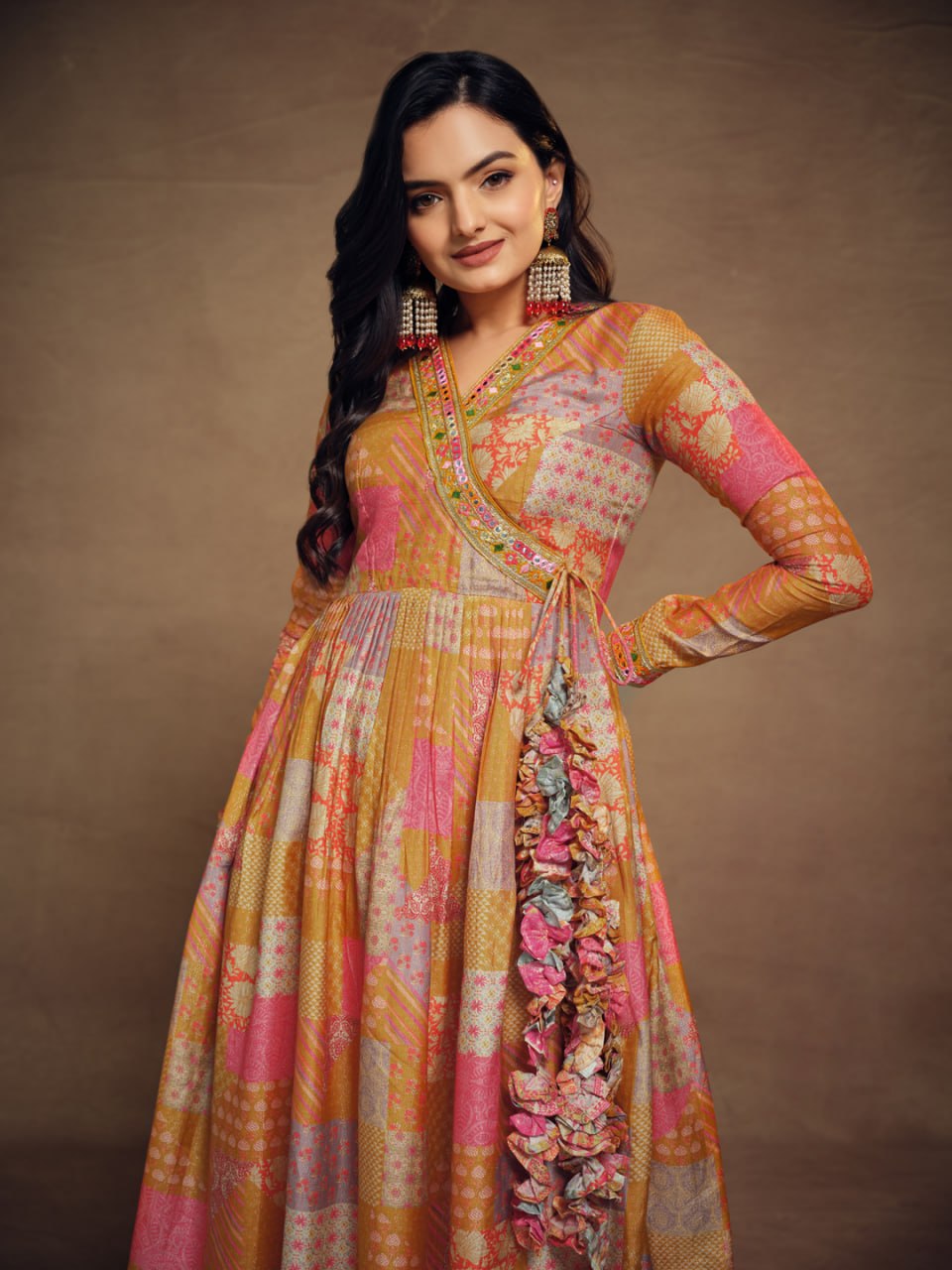 Mustard-Peach Tiered Angrakha Kurta Palazzo Set