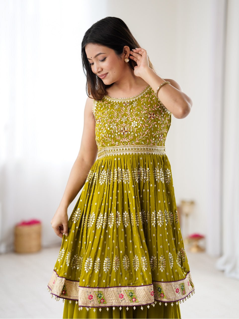 Women's mustard kurta and lehenga set with embroidery