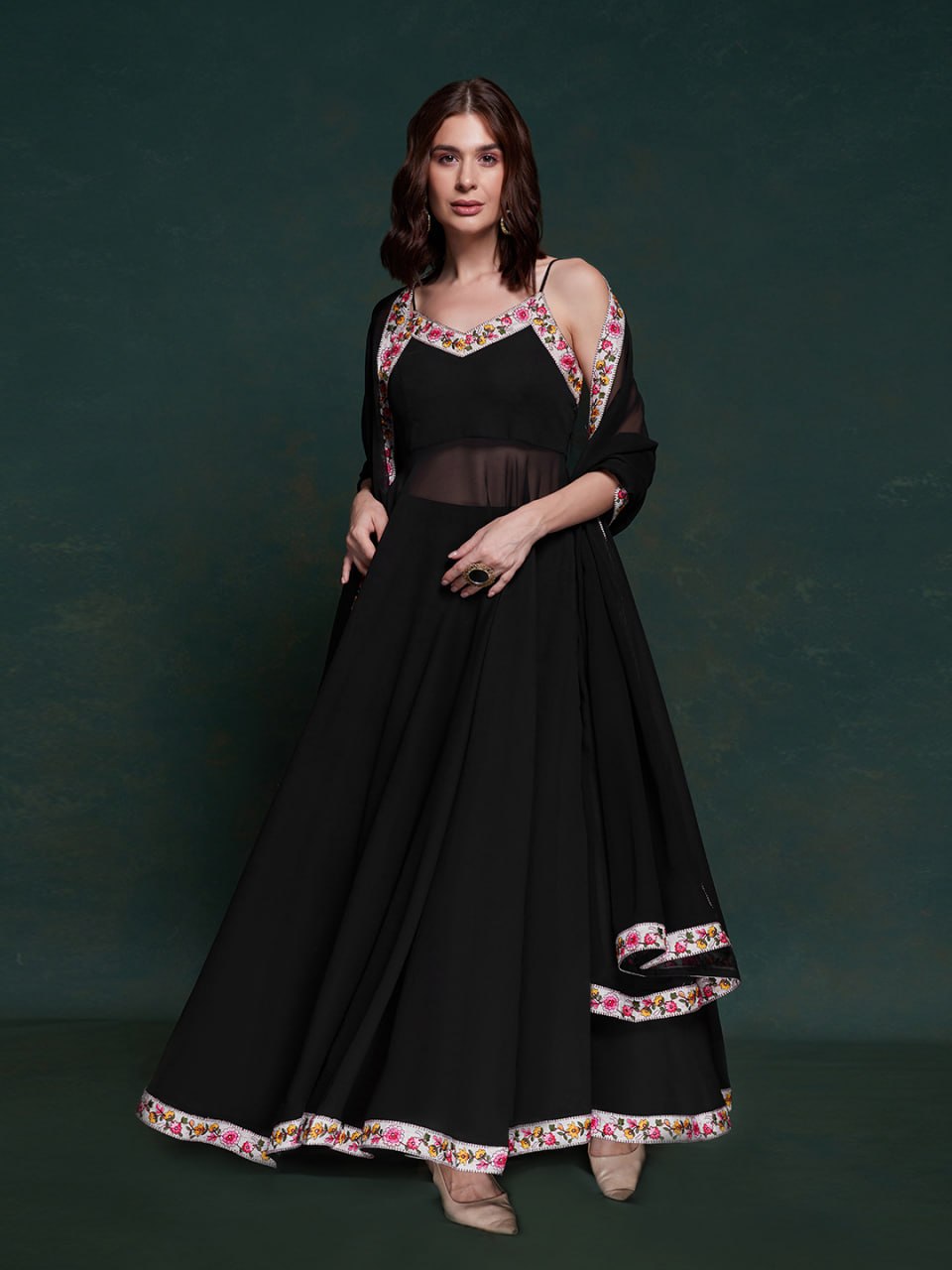 Black Embellished Georgette Flared Kurta Set with Dupatta