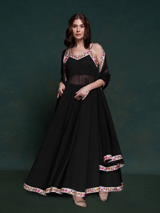 Black Embellished Georgette Flared Kurta Set with Dupatta