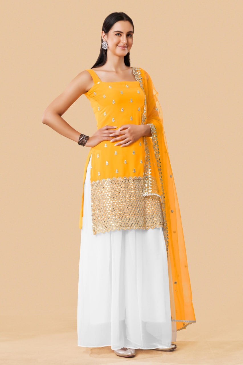 Yellow Embroidered Georgette Straight Kurta Palazzo Set with Dupatta