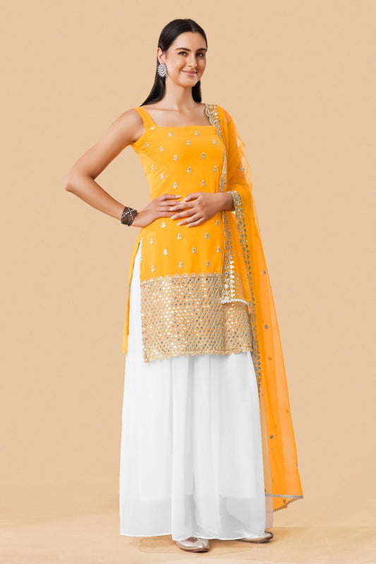 Yellow Embroidered Georgette Straight Kurta Palazzo Set with Dupatta