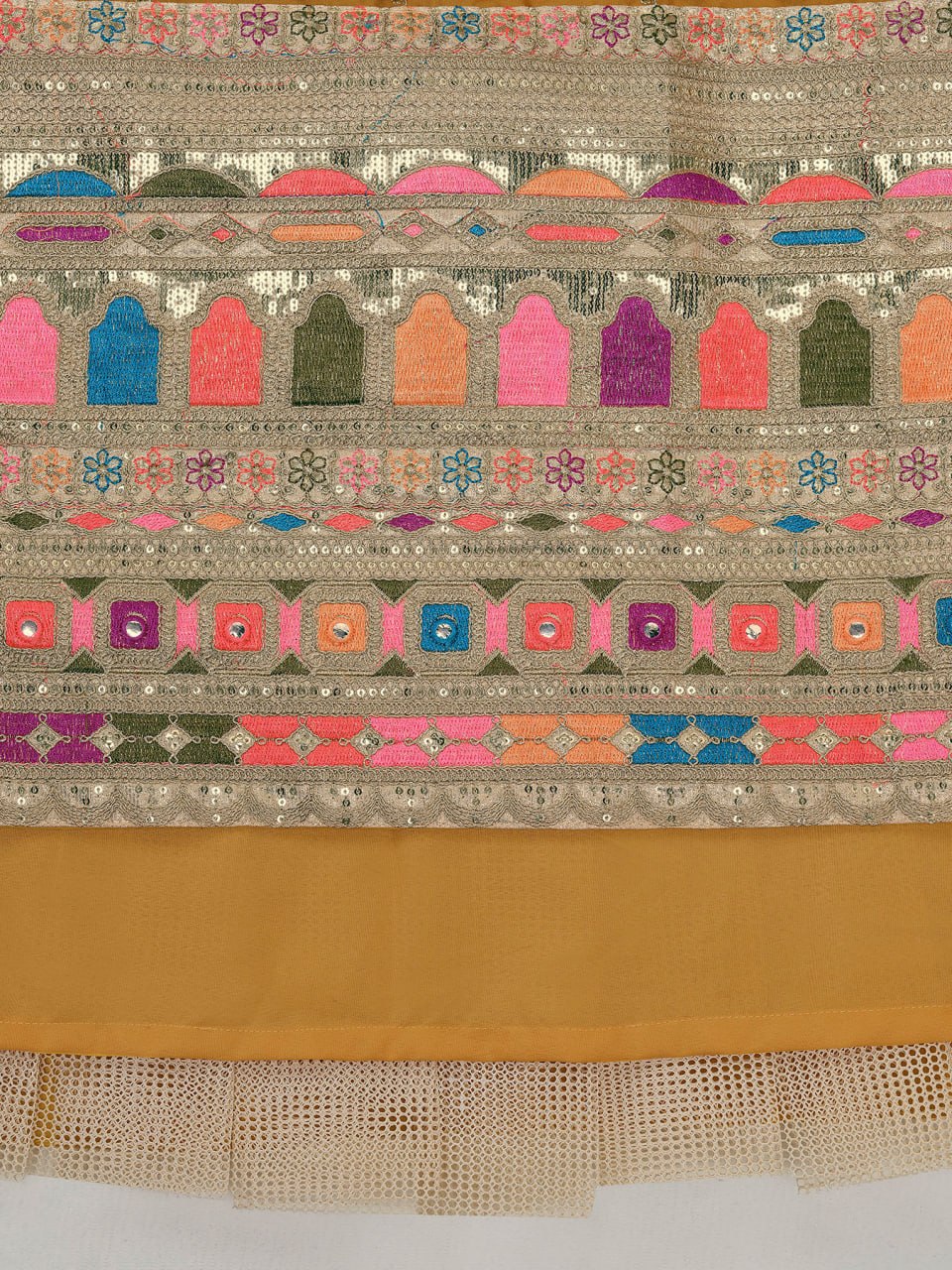 Mustard Embroidered Crepe Lehenga Choli Set with Dupatta