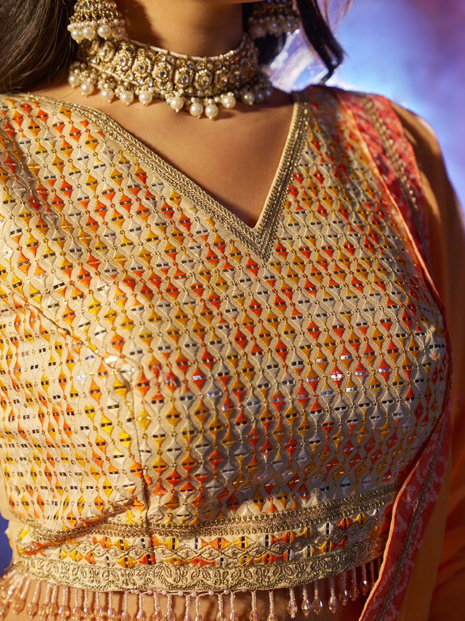 Orange Embroidered Organza Lehenga Choli Set with Pink Dupatta