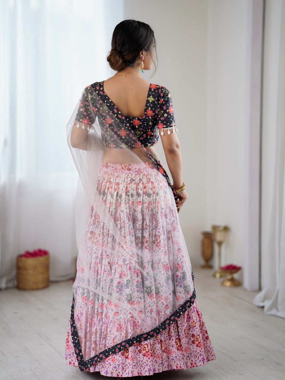 Multicolour Floral Rayon Semi-Stitched Lehenga Choli Set