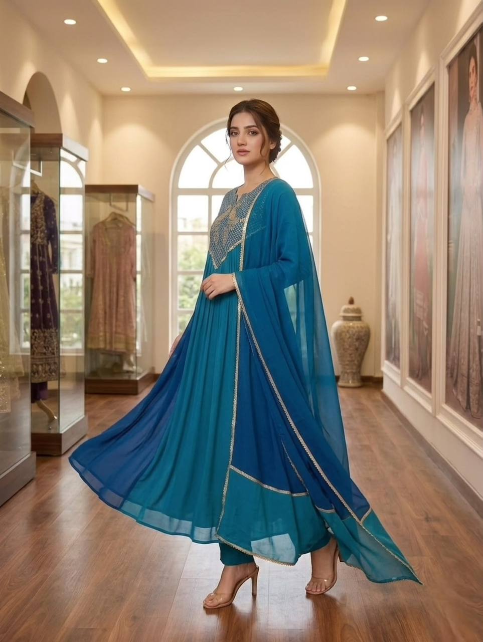 Teal Blue Embroidered Mul Chanderi Anarkali Kurta Set