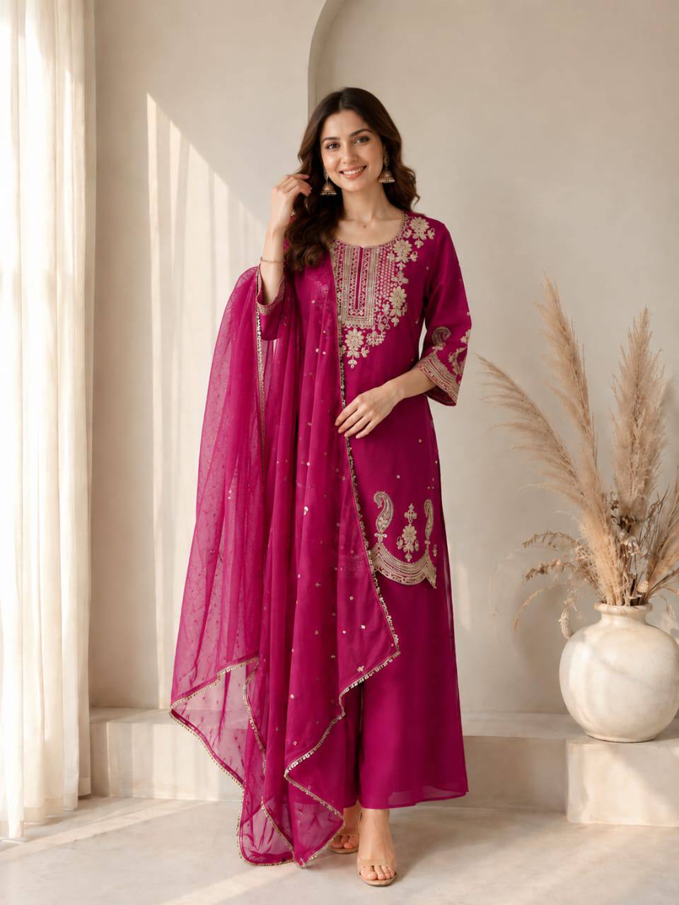 Magenta Embroidered Kurta Palazzo Set with Sequined Dupatta