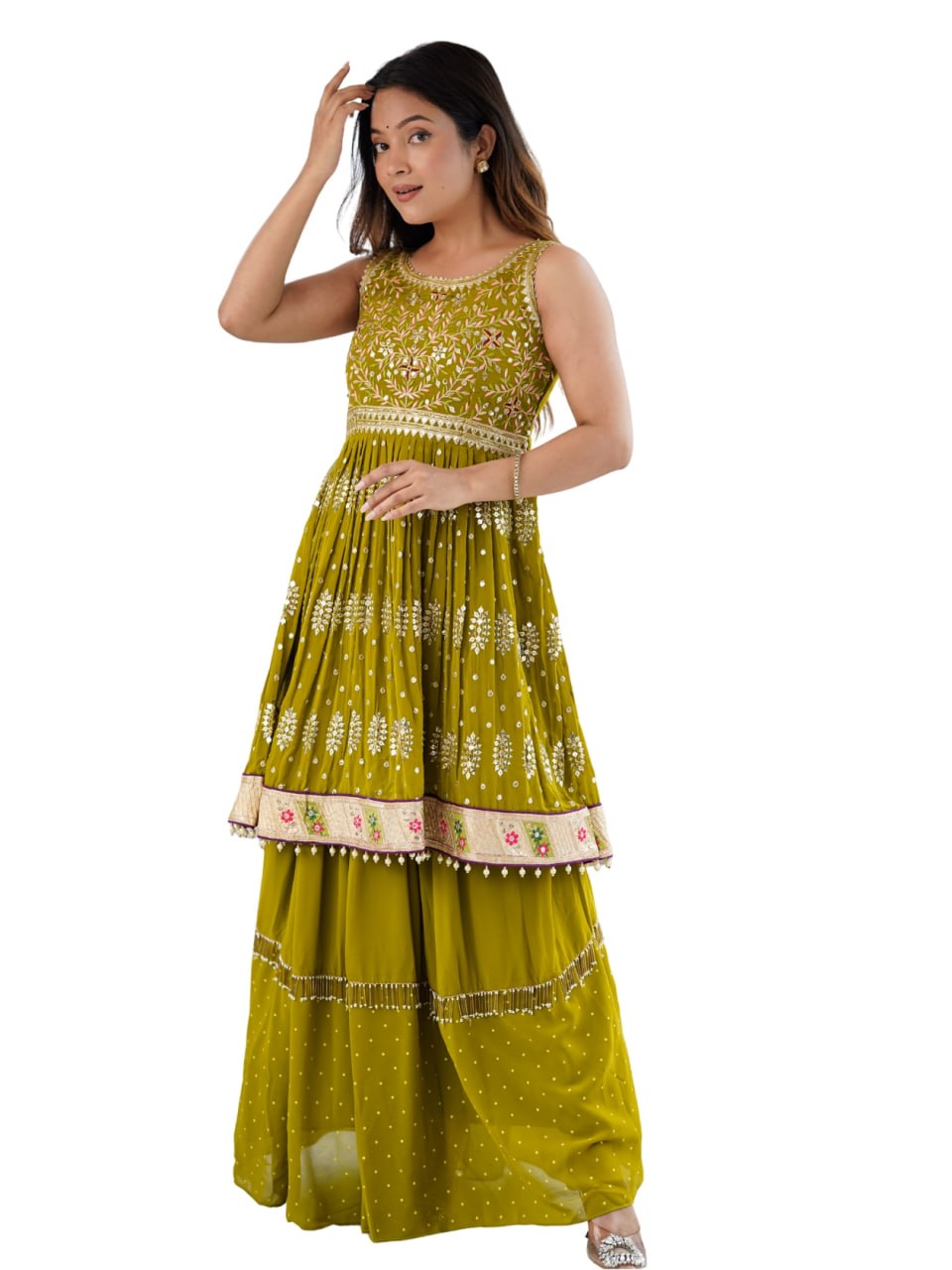 Mustard embroidered georgette kurta lehenga set for women