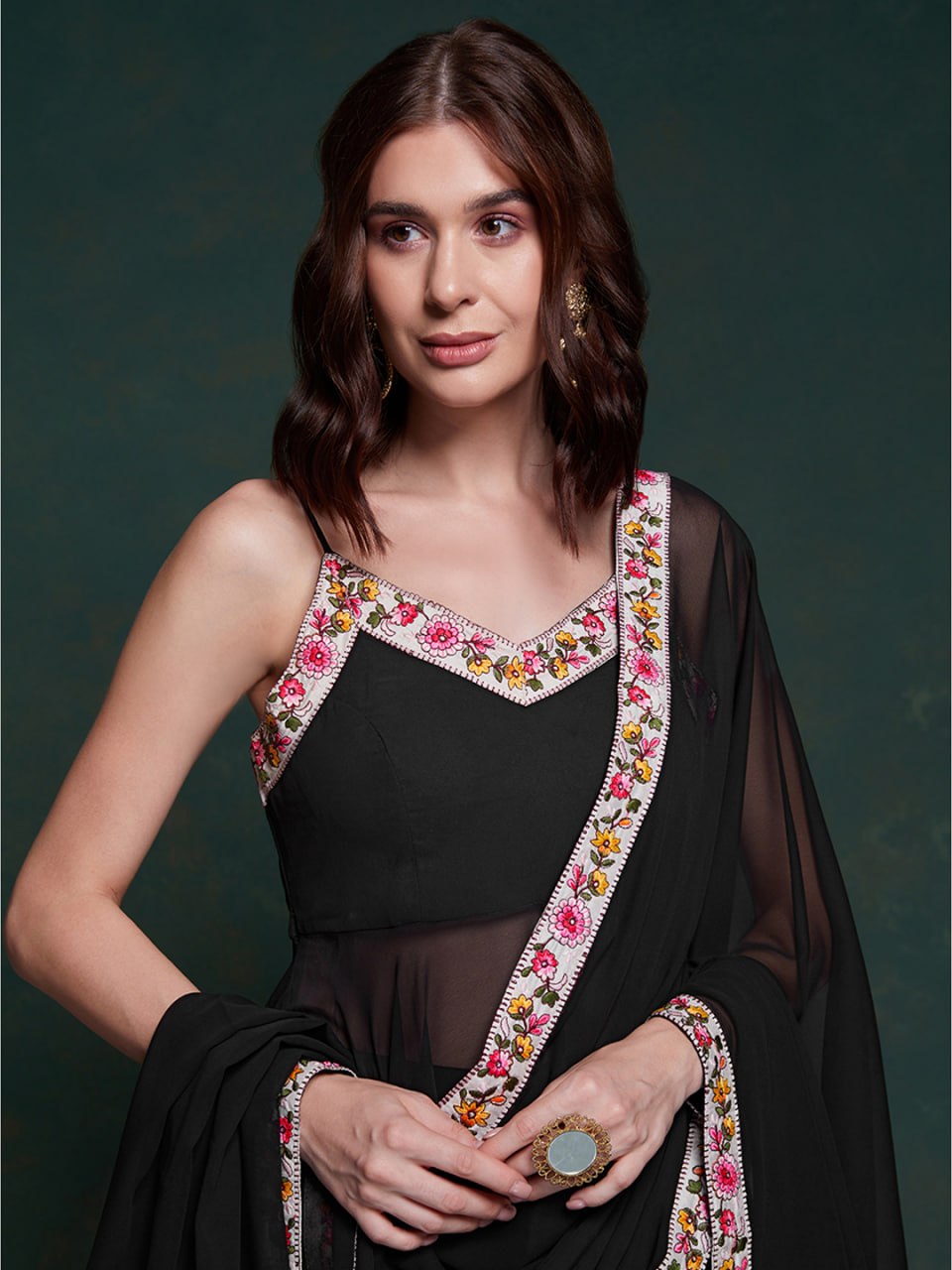 Black Embellished Georgette Flared Kurta Set with Dupatta