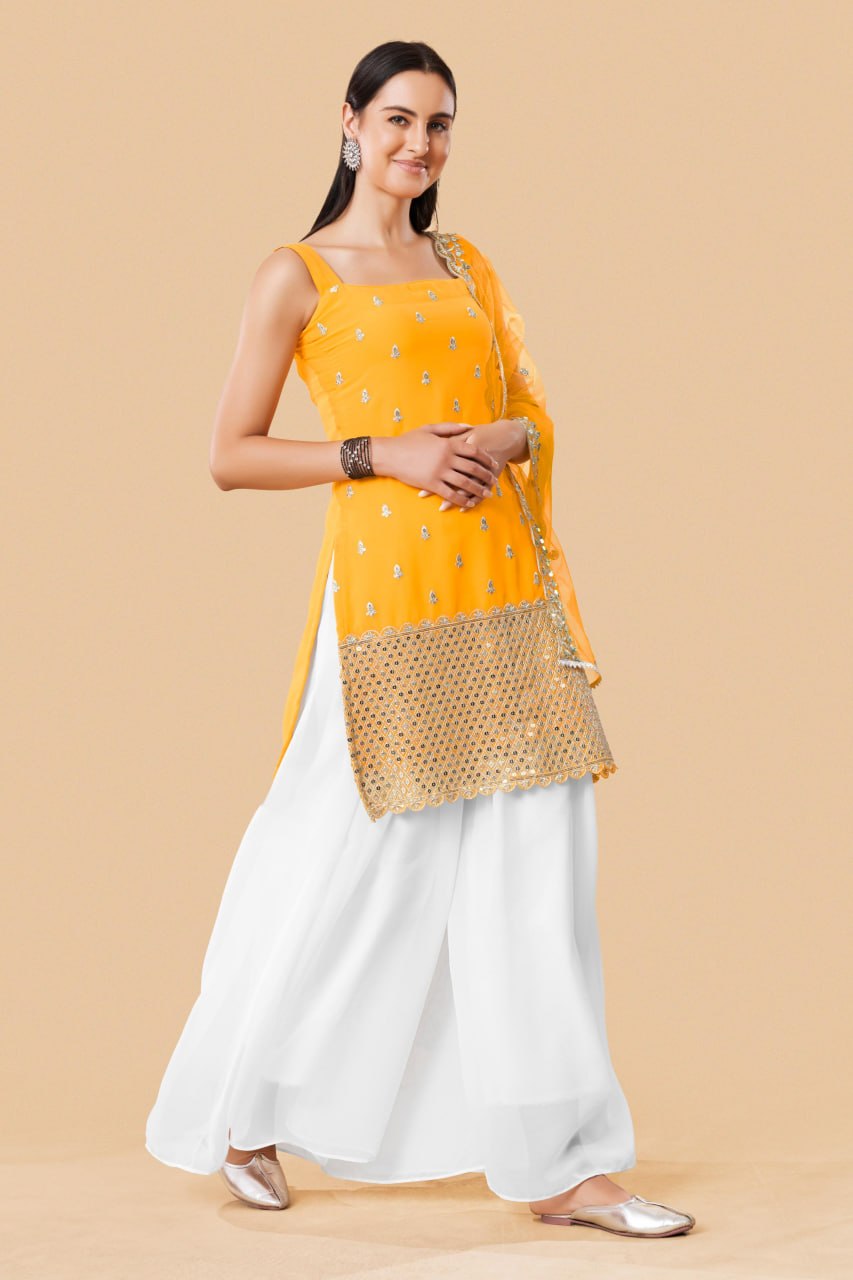 Yellow Embroidered Georgette Straight Kurta Palazzo Set with Dupatta