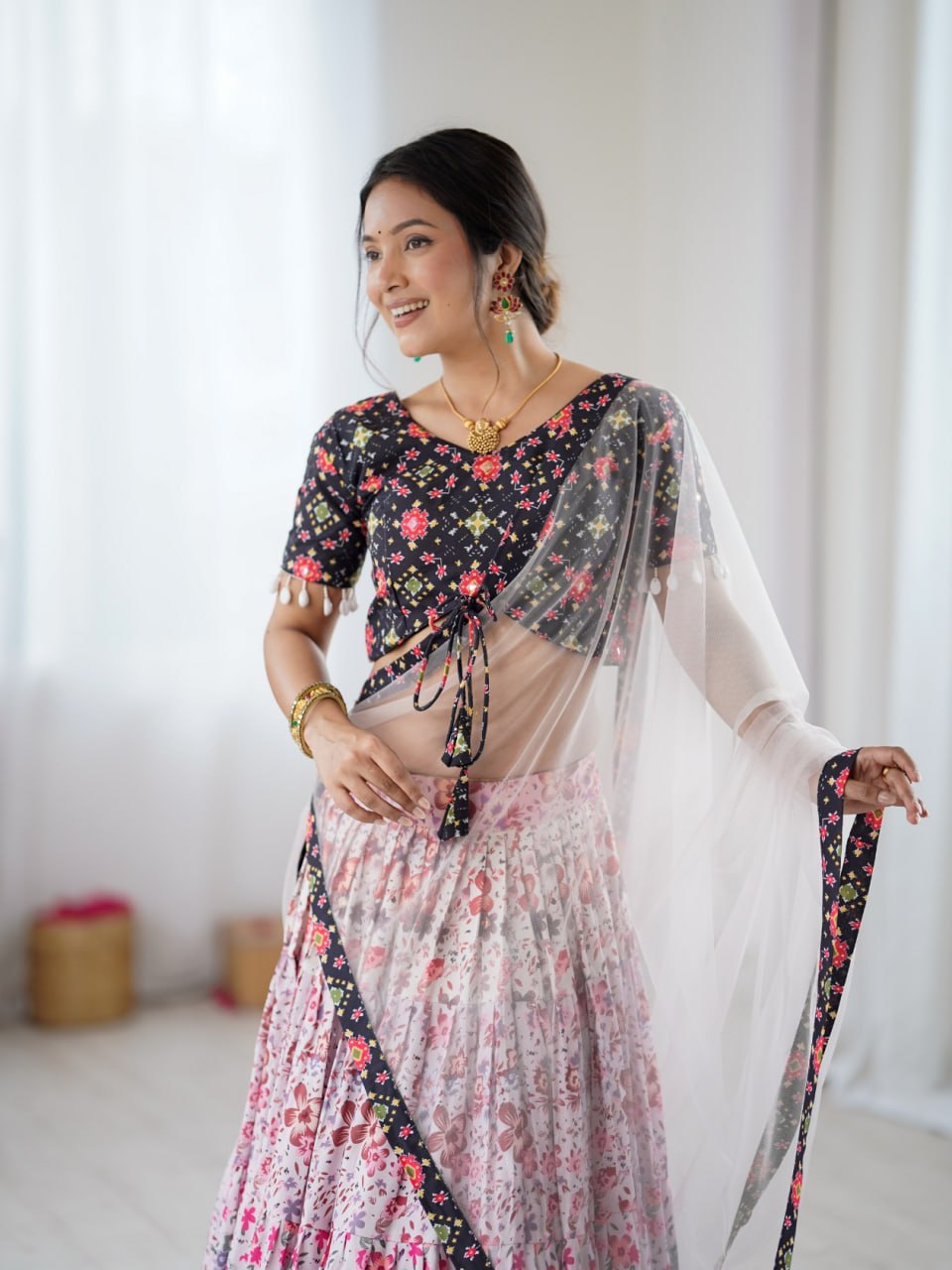 Multicolour Floral Rayon Semi-Stitched Lehenga Choli Set