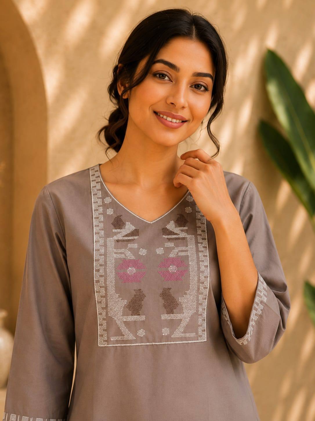 Taupe Embroidered Dhabu Cotton Kurti Set for Women
