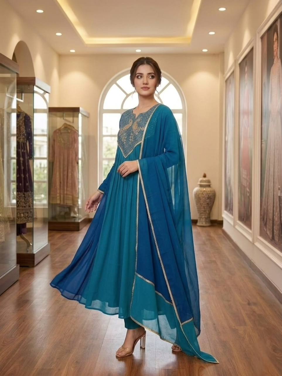 Teal Blue Embroidered Mul Chanderi Anarkali Kurta Set