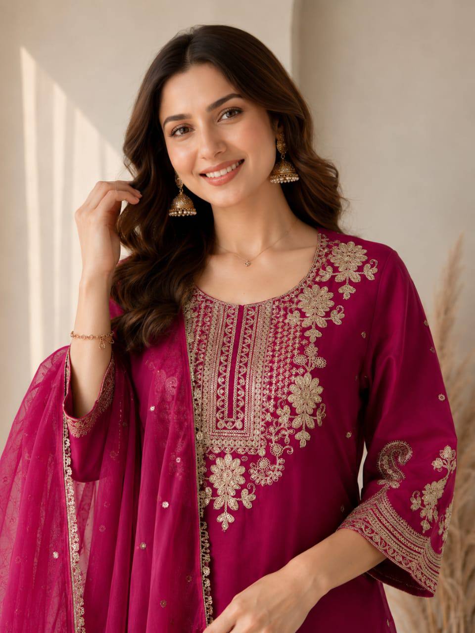 Magenta Embroidered Kurta Palazzo Set with Sequined Dupatta