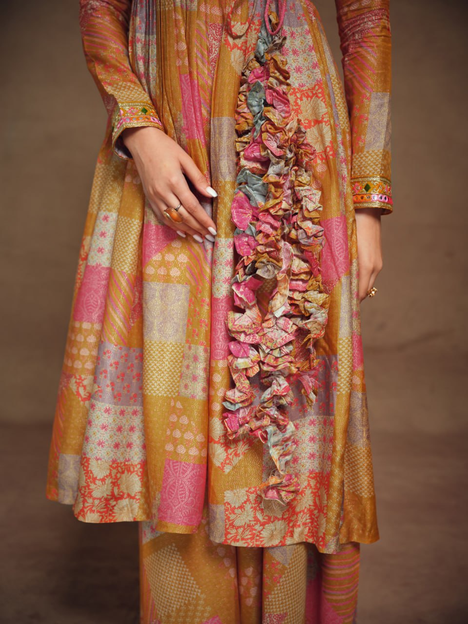 Mustard-Peach Tiered Angrakha Kurta Palazzo Set