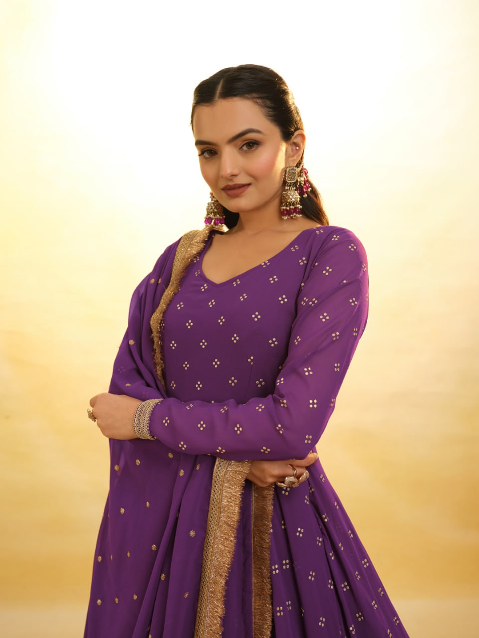 Regal Purple Sequined Georgette Anarkali Kurta Set