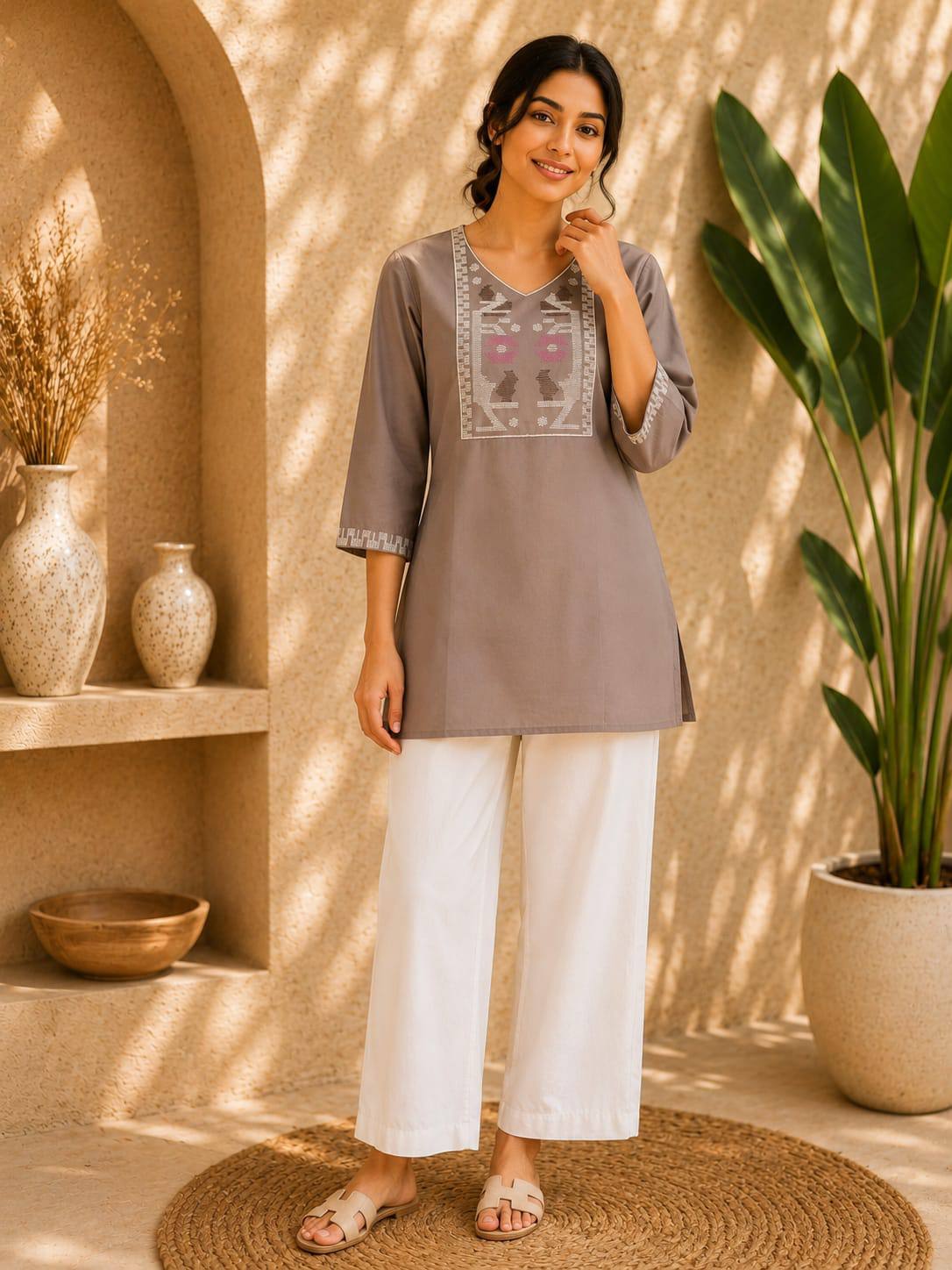 Taupe Embroidered Dhabu Cotton Kurti Set for Women