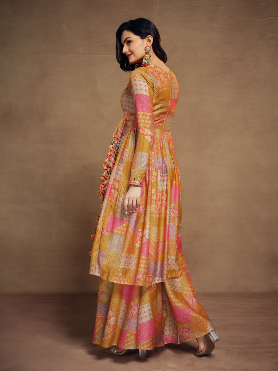 Mustard-Peach Tiered Angrakha Kurta Palazzo Set