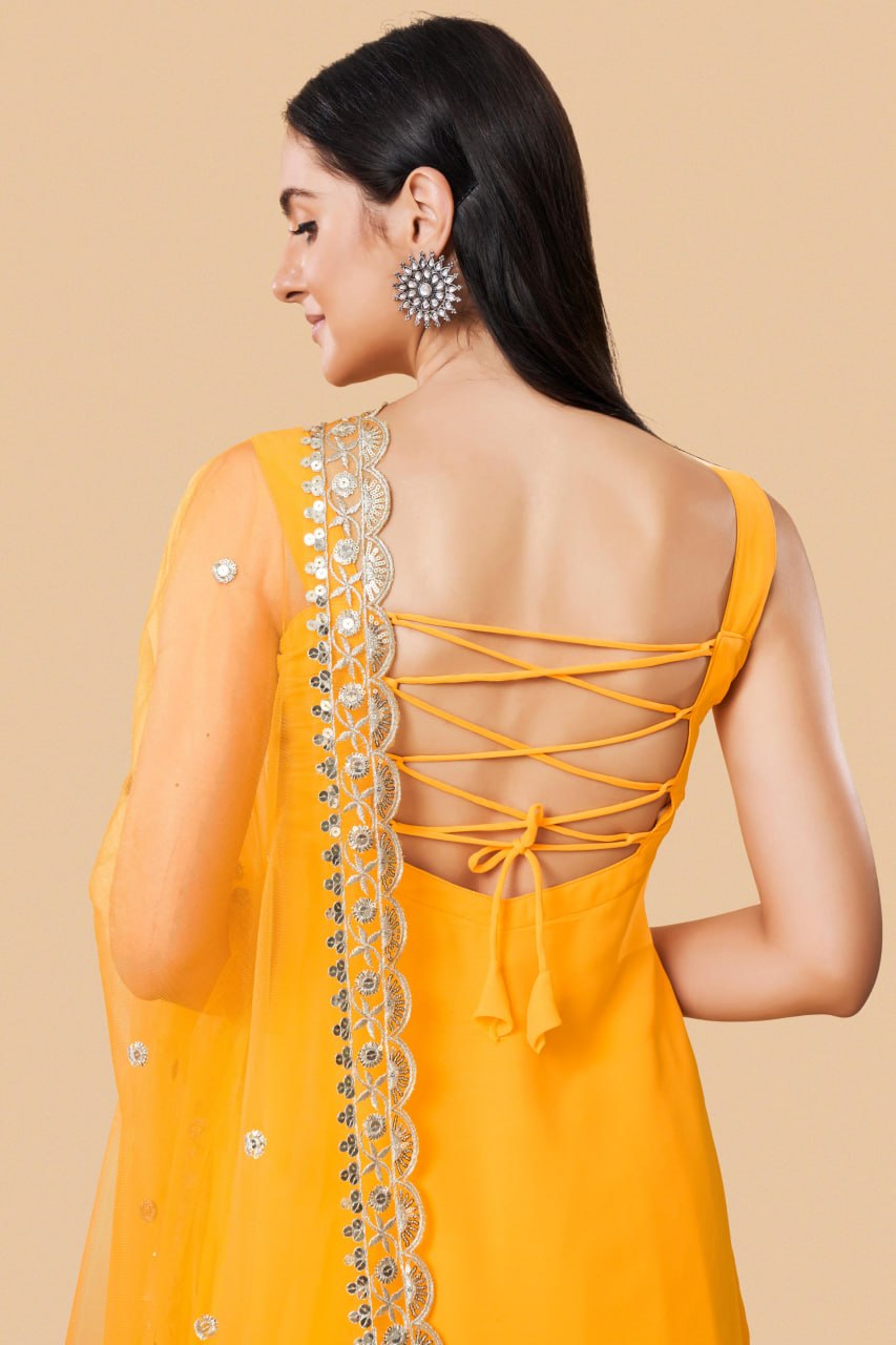 Yellow Embroidered Georgette Straight Kurta Palazzo Set with Dupatta