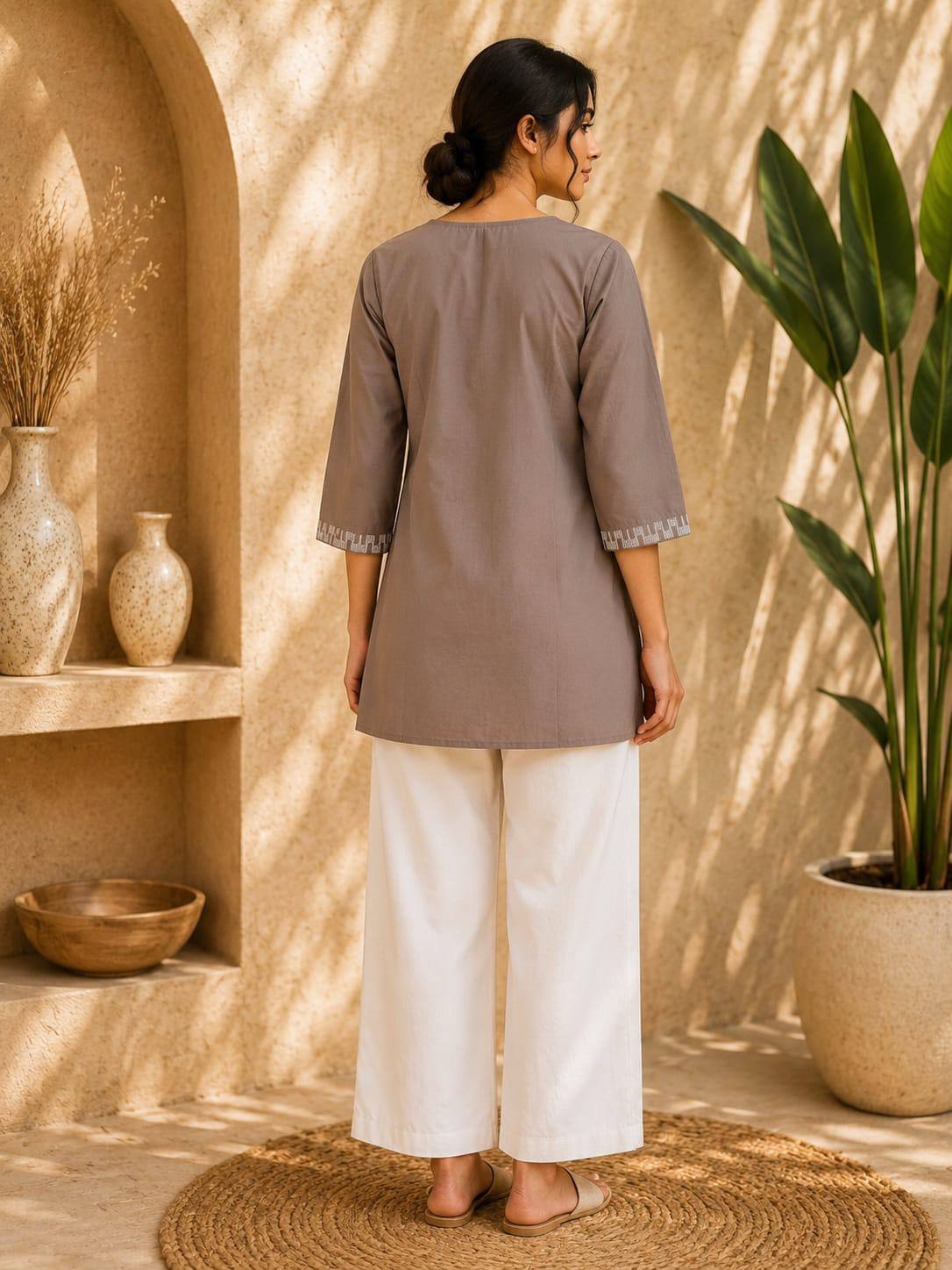 Taupe Embroidered Dhabu Cotton Kurti Set for Women