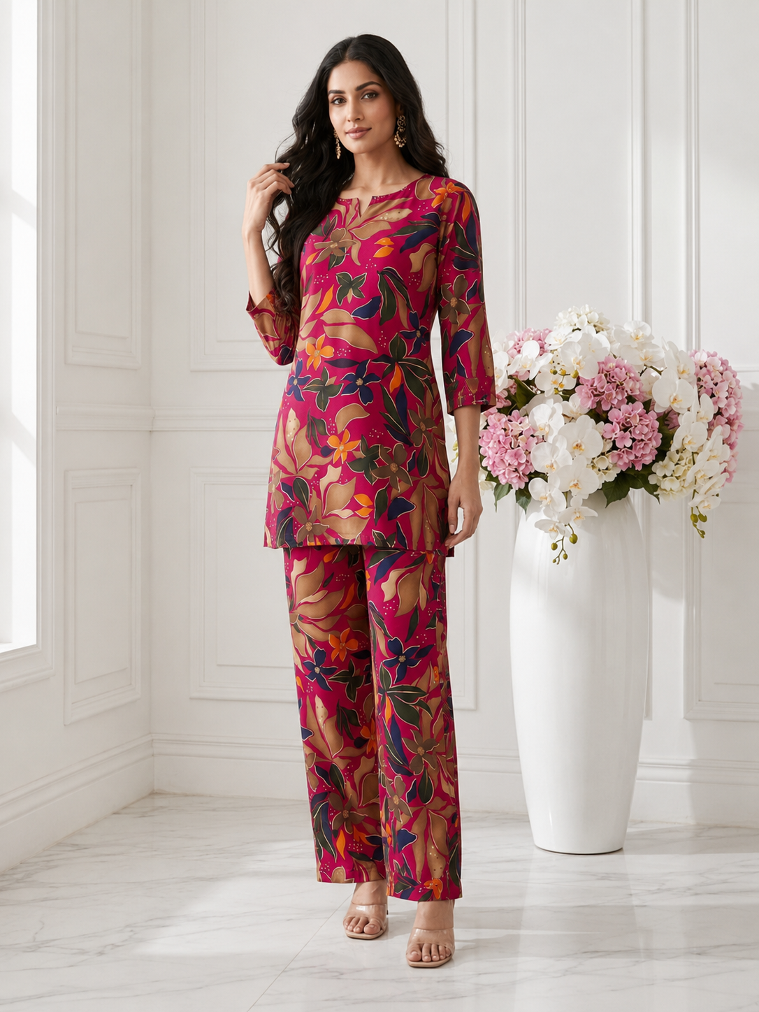 Women’s Printed Foil Work Rayon Cotton Co-Ord Set with Top & Palazzo