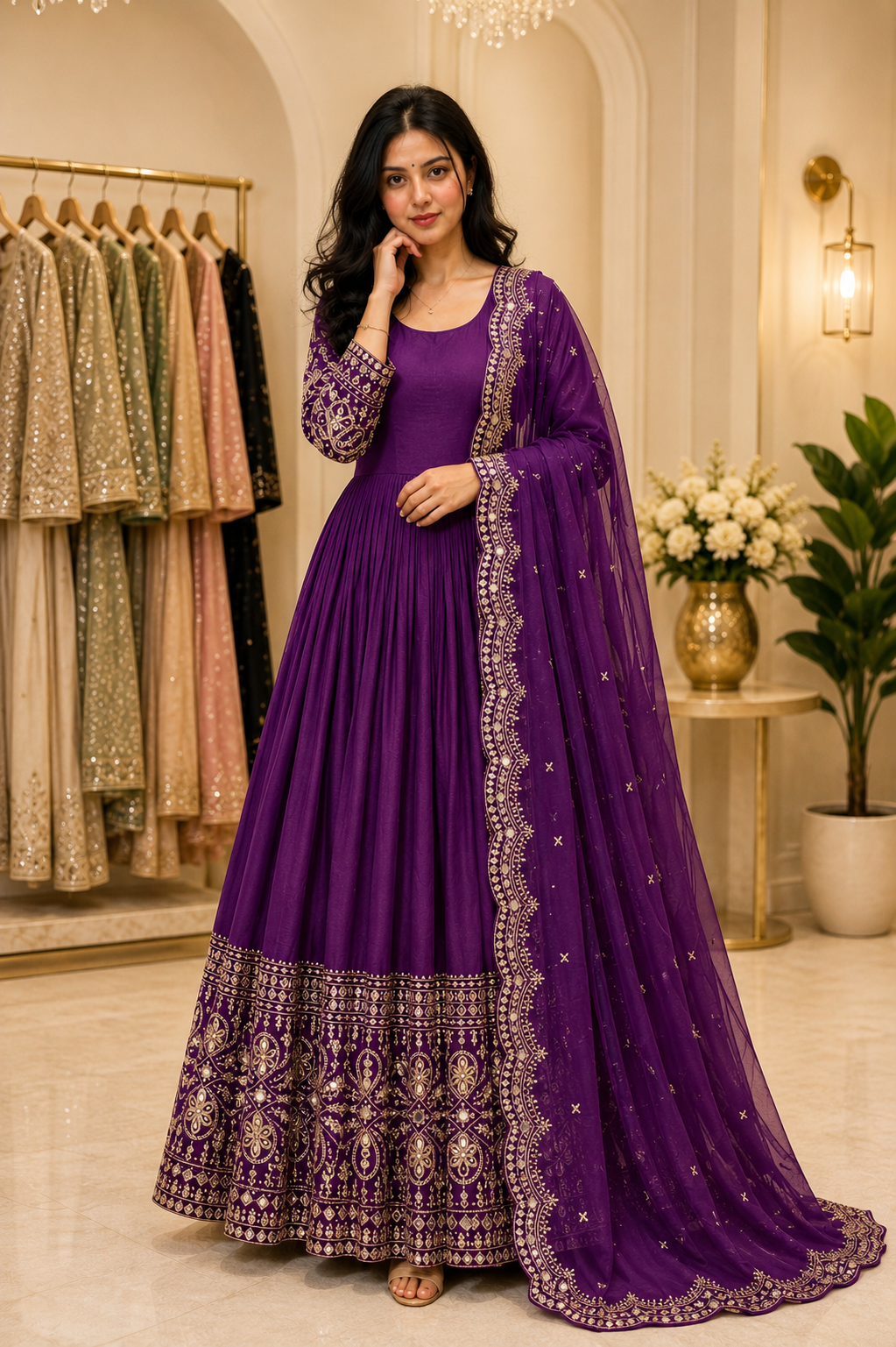 Apolyte Women's Pure Chinon Silk Embroidered Gown Pant Set with Mirror Work Dupatta | Designer Wedding & Party Wear