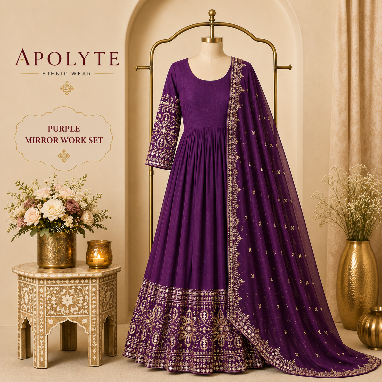Apolyte Women's Pure Chinon Silk Embroidered Gown Pant Set with Mirror Work Dupatta | Designer Wedding & Party Wear